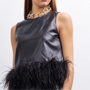 For Cynthia Black Faux Leather Feather-Hem Camisole